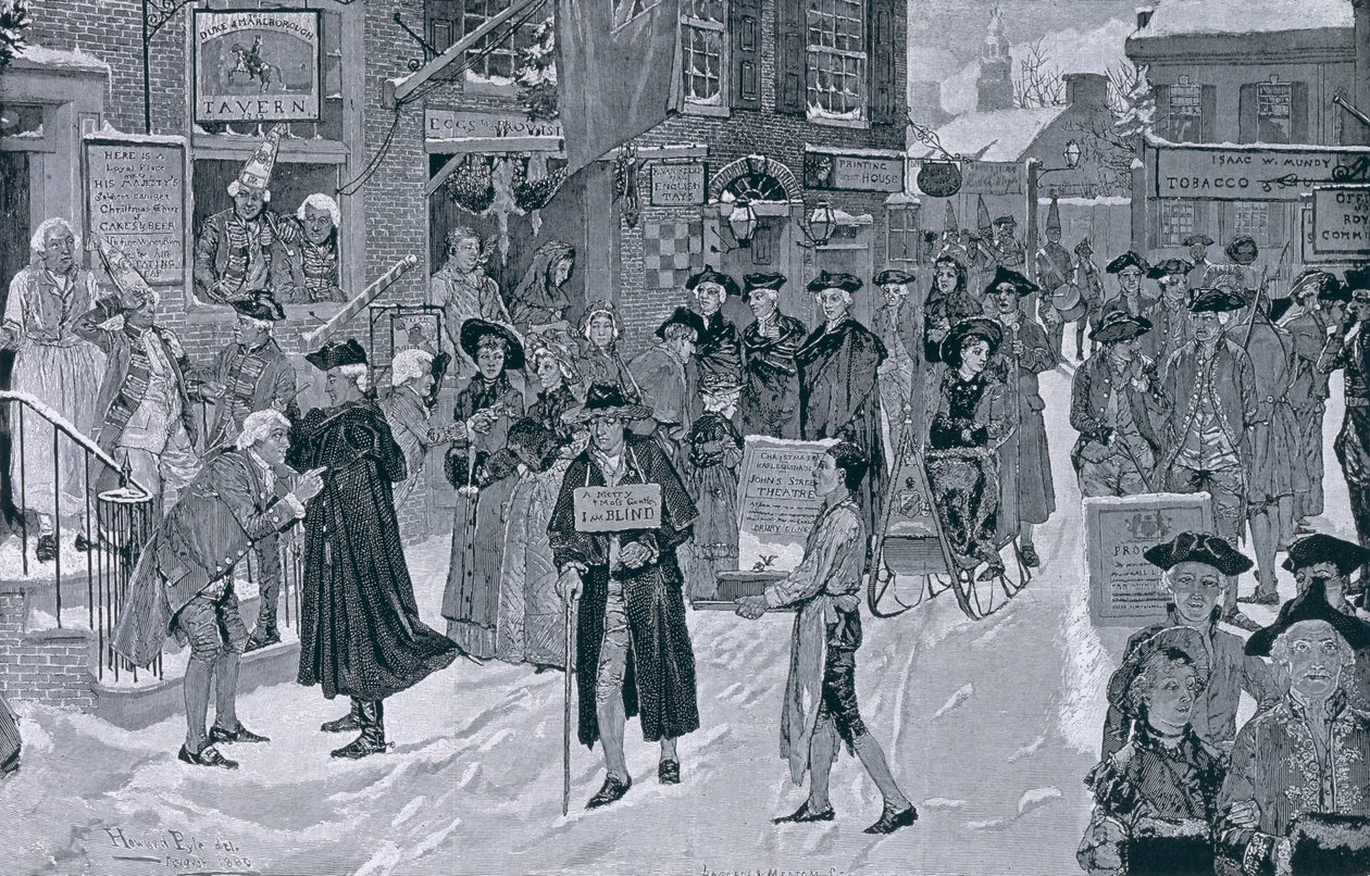 Manhã de Natal em New York velha antes da revolução, ilustração de Harper&39;s Weekly, bar. 25 de dezembro de 1880 de Howard Pyle