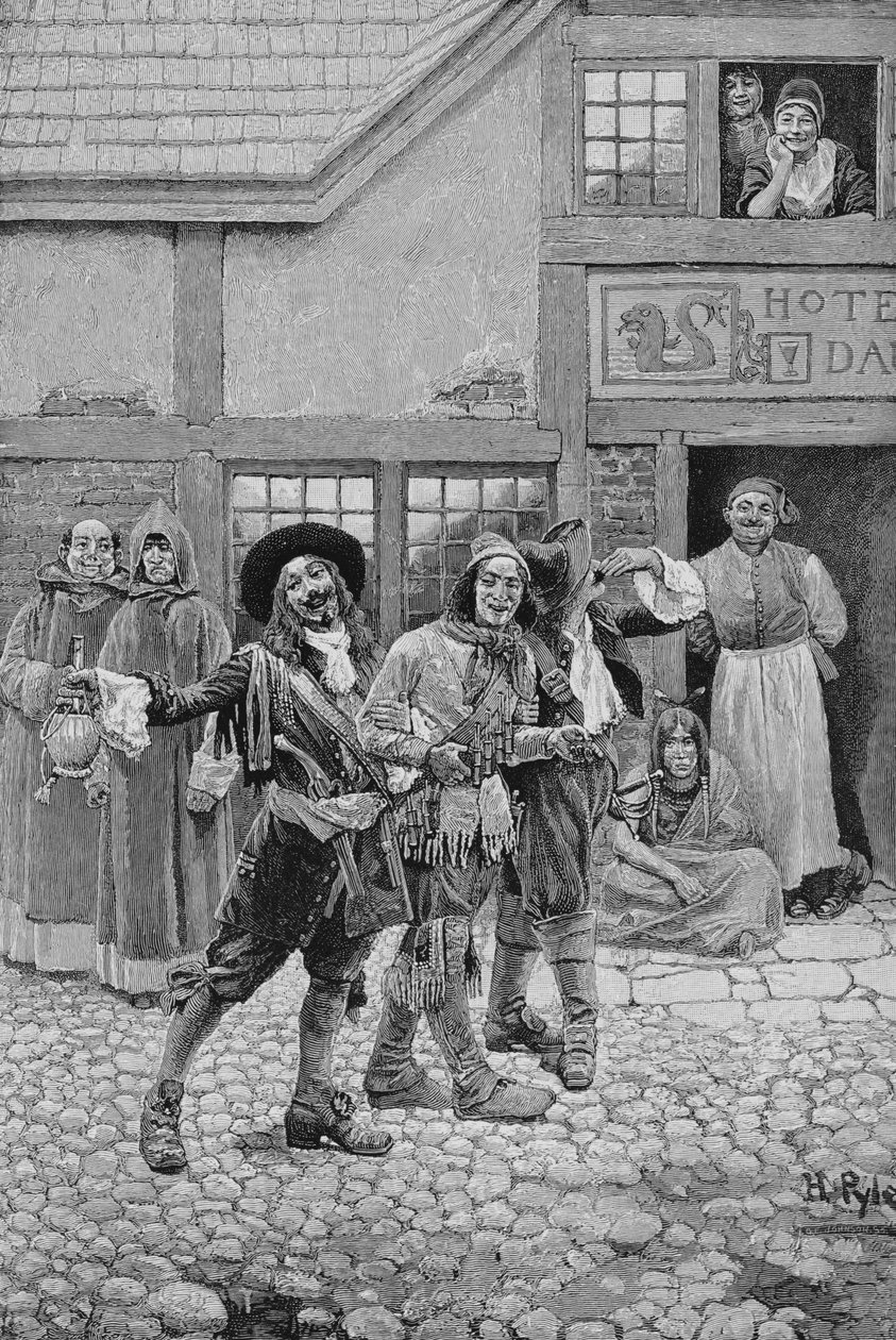 Coureurs de Bois, gravados por GE Johnson, ilustração de &39;Canadian Voyageurs on the Saguenay&39; por CH Farnham, pub. na revista Harper, 1888 de Howard Pyle