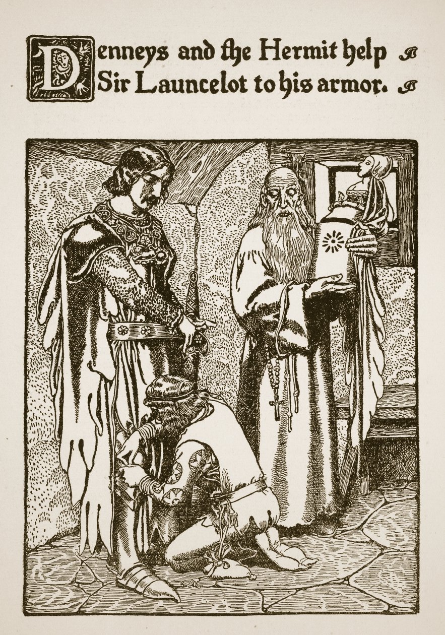 Denneys e o Eremita ajudam Sir Lancelote em sua armadura, ilustração de "A História de Sir Lancelotte e seus Companheiros", 1907 de Howard Pyle
