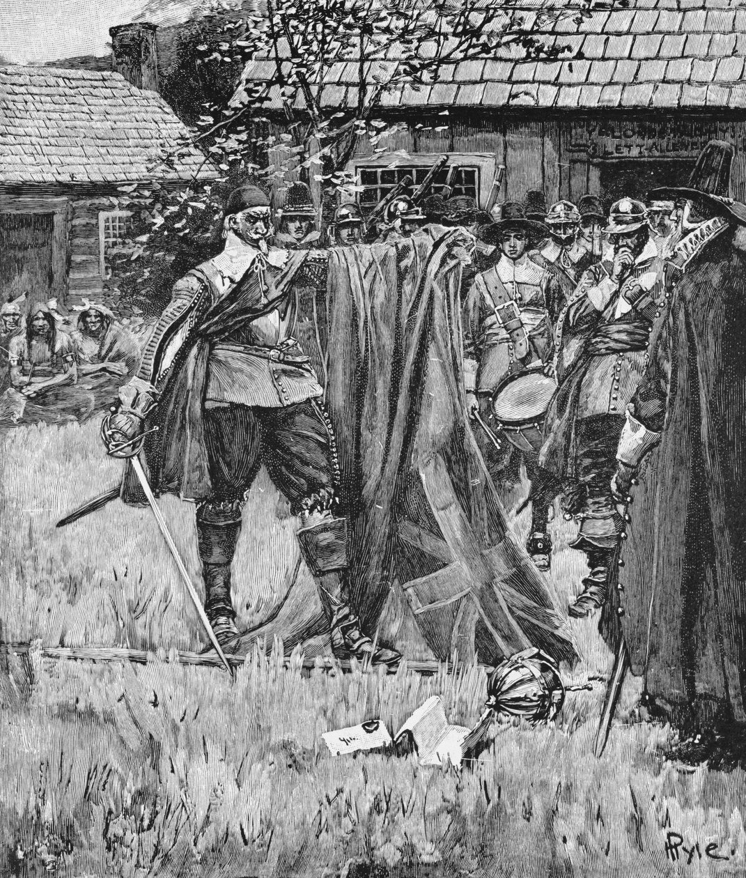 Endicott Corte a cruz fora da bandeira inglesa, ilustração de "uma nação inglesa" por Thomas Wentworth Higginson, bar. na revista Harper&39;s, 1883 de Howard Pyle