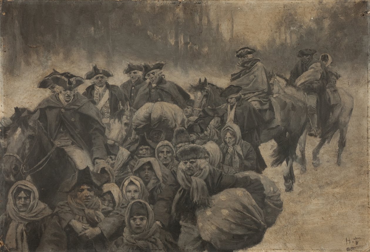 Cinco soldados de casaca vermelha a cavalo, com um outro encapuçado até aos olhos... à volta deles, uma multidão de pobres, jovens e velhos de Howard Pyle