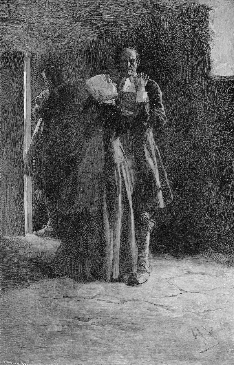 Giles Corey na prisão, gravado pela ilustração de Frank French (1850-1933) de "Giles Corey, Yeoman" por Mary E. Wilkins, bar. na revista Harper, 1892 de Howard Pyle