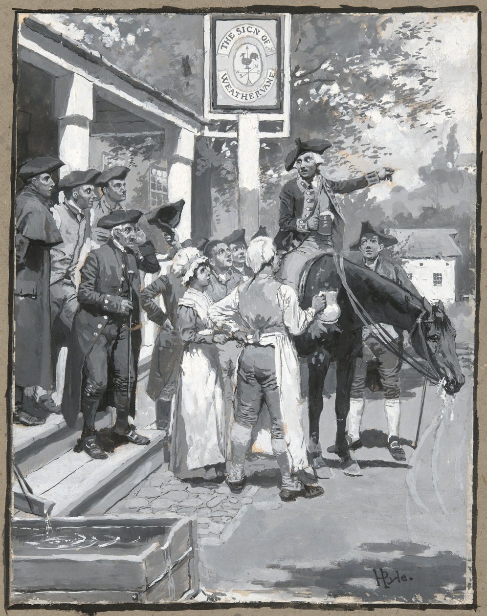 Ele pára no sinal do cata-vento, desenho da ilustração para o poema de Howard Pyle