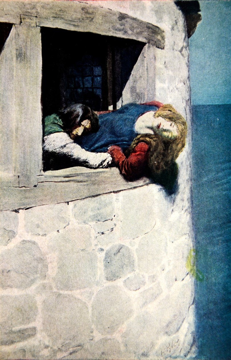 "Sua cabeça e ombros pairavam sobre o espaço sem", uma ilustração de The Maid of Landevennec, pub. na revista Harper&39;s, 1904 de Howard Pyle