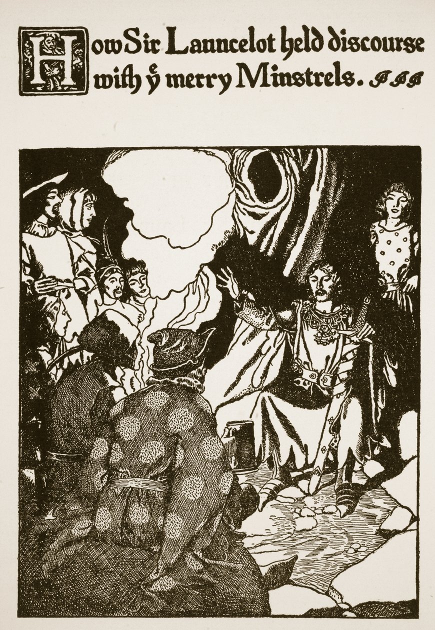 Como Sir Lancelotot realizou um discurso com ye Merry Minstrels, ilustração de "A História de Sir Lancelotte e seus Companheiros", 1907 de Howard Pyle