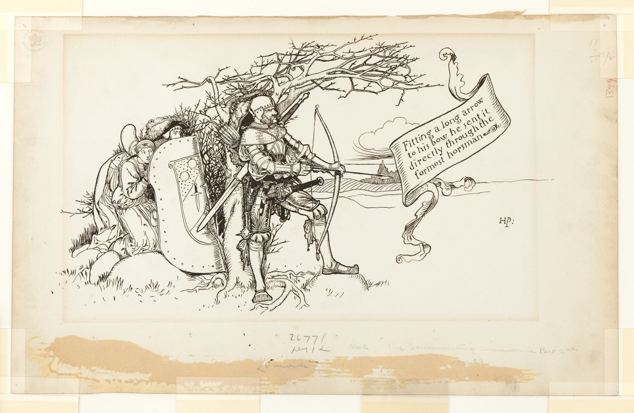 Ilustração para The Accommodating Circumstance, II; Colocando uma longa seta no seu arco, ele enviou-a directamente através do cavaleiro mais importante de Howard Pyle