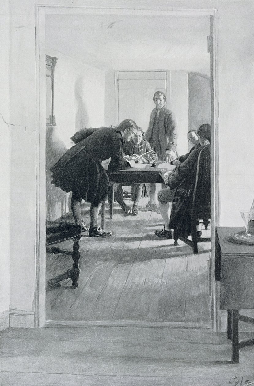 Na taberna velha de Raleigh, ilustração de "em casa em Virgínia" por Woodrow Wilson, bar. na revista Harper, 1896 de Howard Pyle