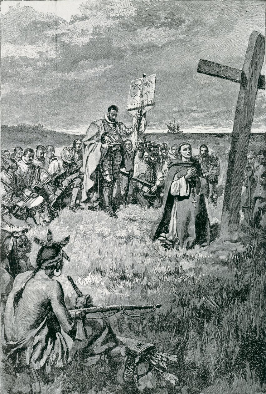 Jacques Cartier (1491-1557) Estabelecendo uma cruz em Gaspe, ilustração de "Os Voyageurs franceses" por Thomas Wentworth Higginson, bar. na revista Harper&39;s, 1883 de Howard Pyle