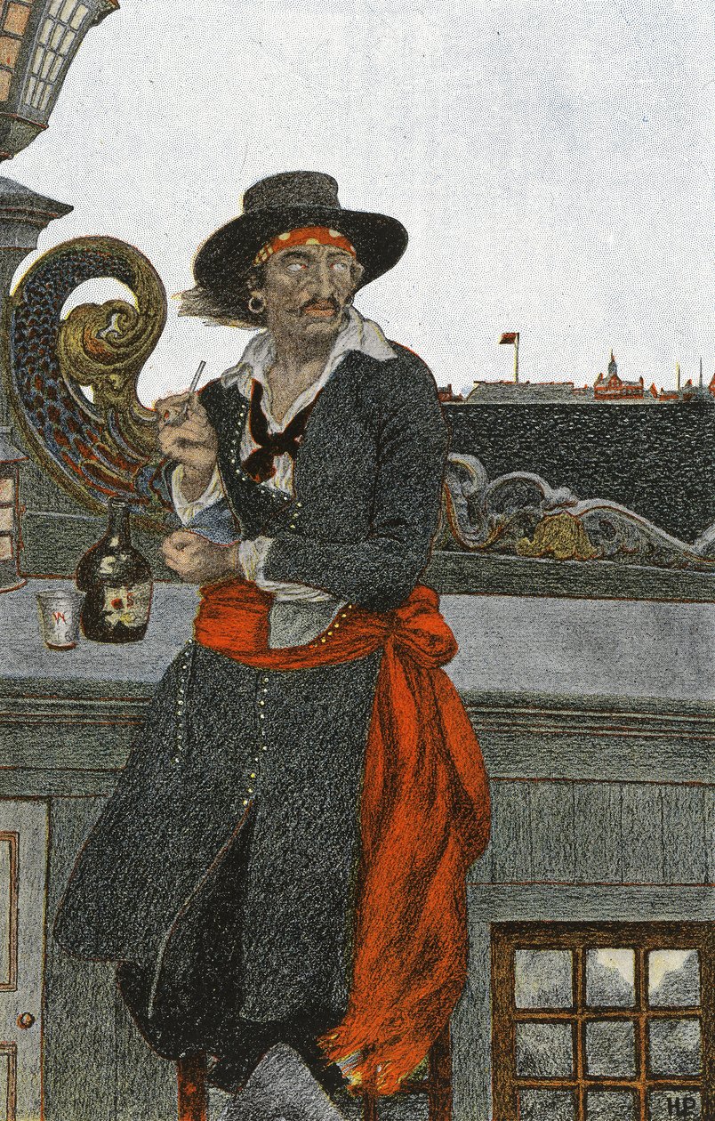 Kidd no convés do Adventure Galley, início do século XX (ilustração de livro) de Howard Pyle