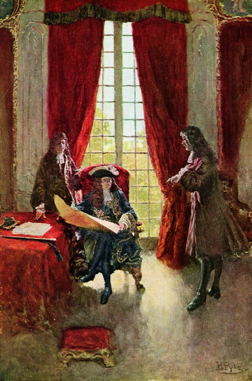 La Salle requer o rei para a permissão para explorar o Mississippi, ilustração "do grande La Salle" por Henry Loomis Nelson, bar. na revista Harper&39;s, 1905 de Howard Pyle