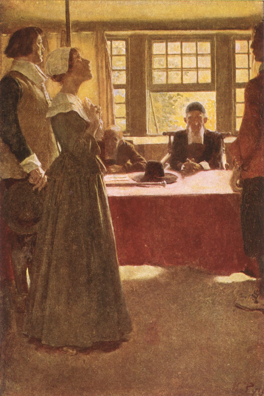 Tintureiro de Mary trazido antes do regulador Endicott, ilustração "da suspensão de Mary Dyer" pelo rei da manjericão, bar. na revista McClure, 1906 de Howard Pyle