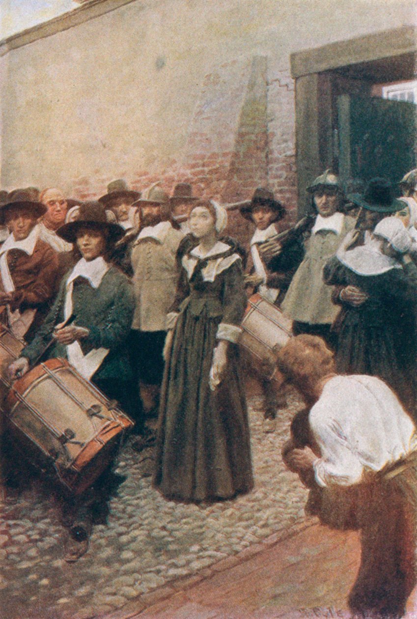 Mary Dyer em sua maneira ao andaime, ilustração "da suspensão de Mary Dyer" pelo rei da manjericão, bar. na revista McClure, 1906 de Howard Pyle
