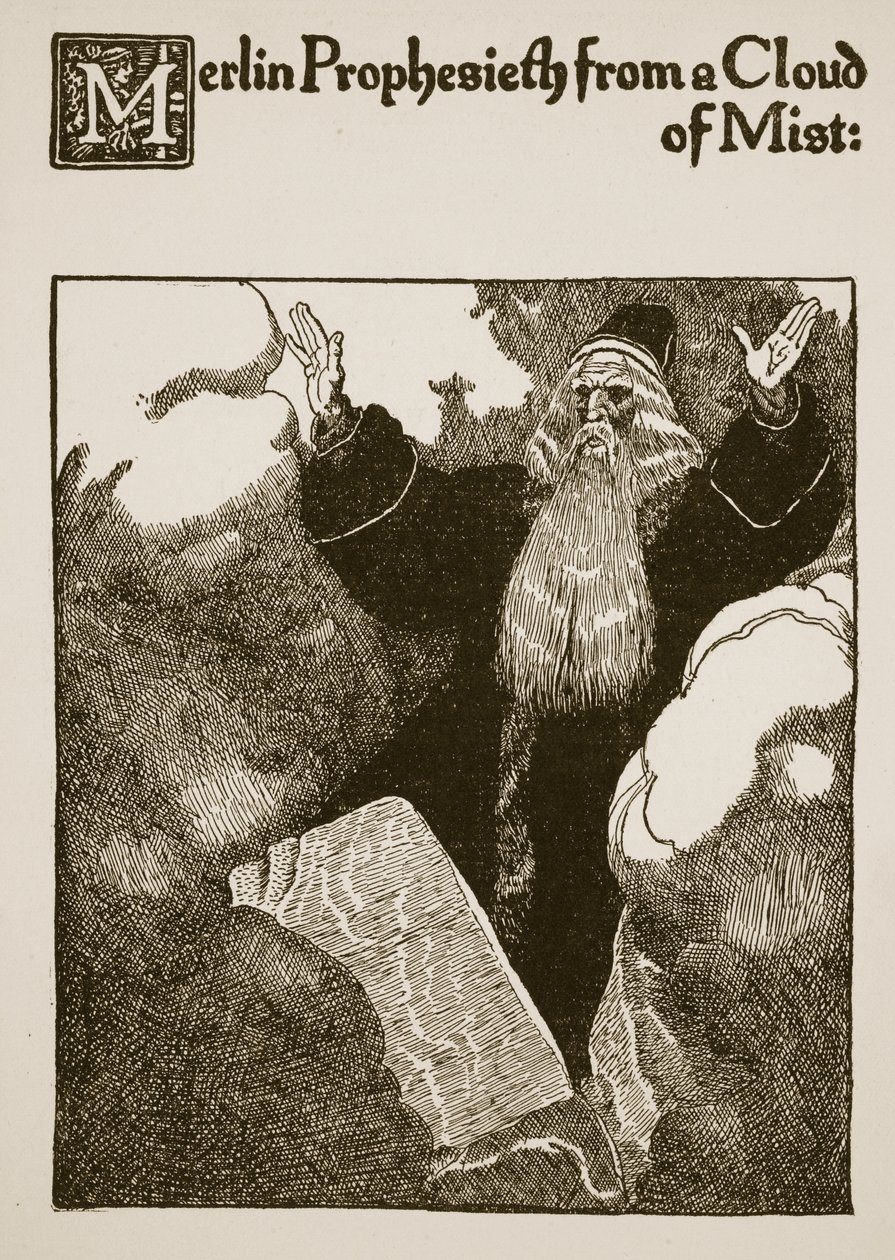 Merlin Prophesieth de uma nuvem de névoa, ilustração de &39;A história de Sir Launcelot e seus companheiros&39;, 1907 de Howard Pyle