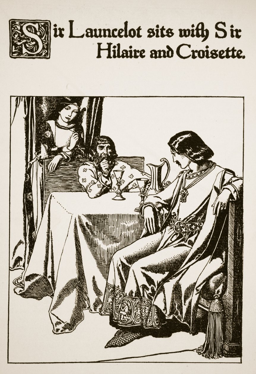Sir Lancelote senta-se com Sir Hilaire e Croisette, ilustração de "A História dos Campeões da Mesa Redonda" de Howard Pyle