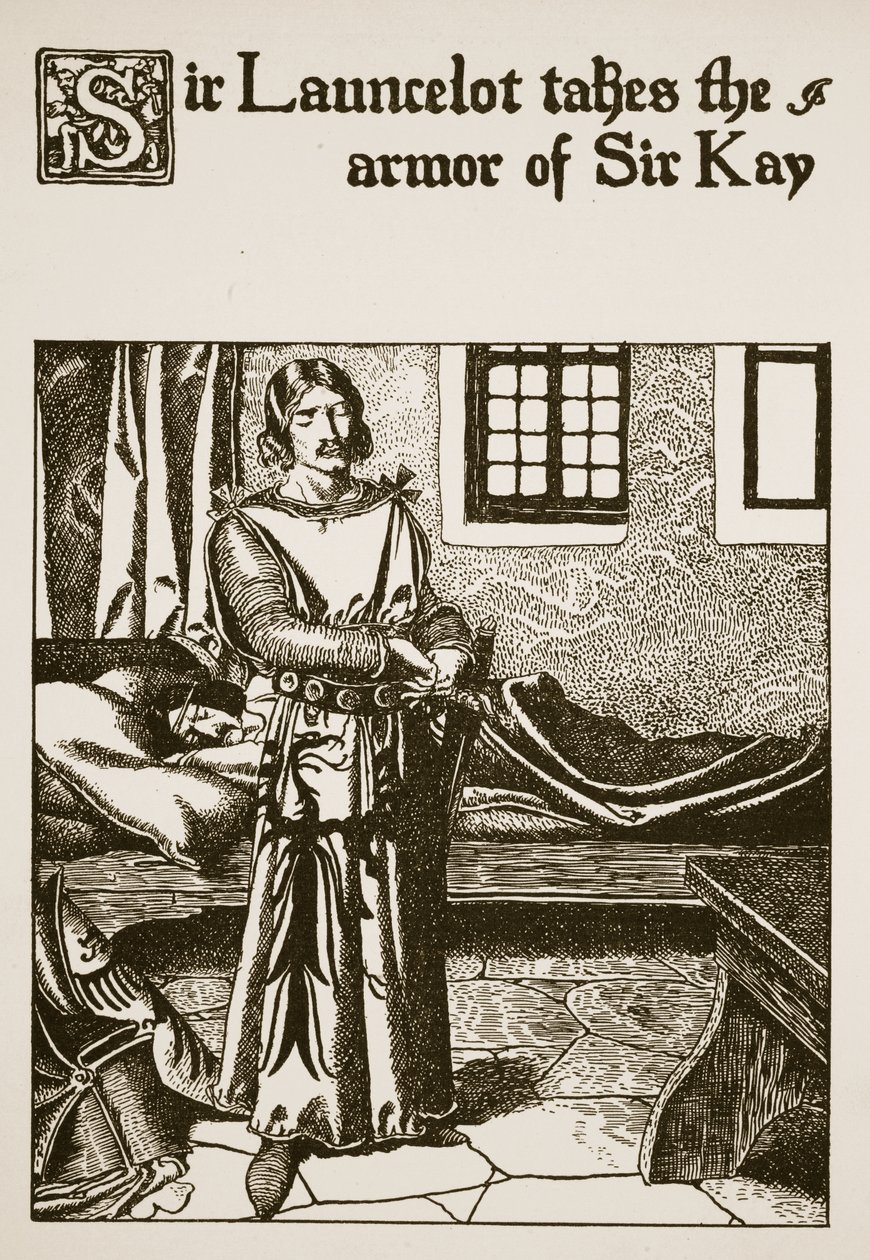 Sir Lancelote leva a armadura de Sir Kay, ilustração de "A História dos Campeões da Mesa Redonda" de Howard Pyle