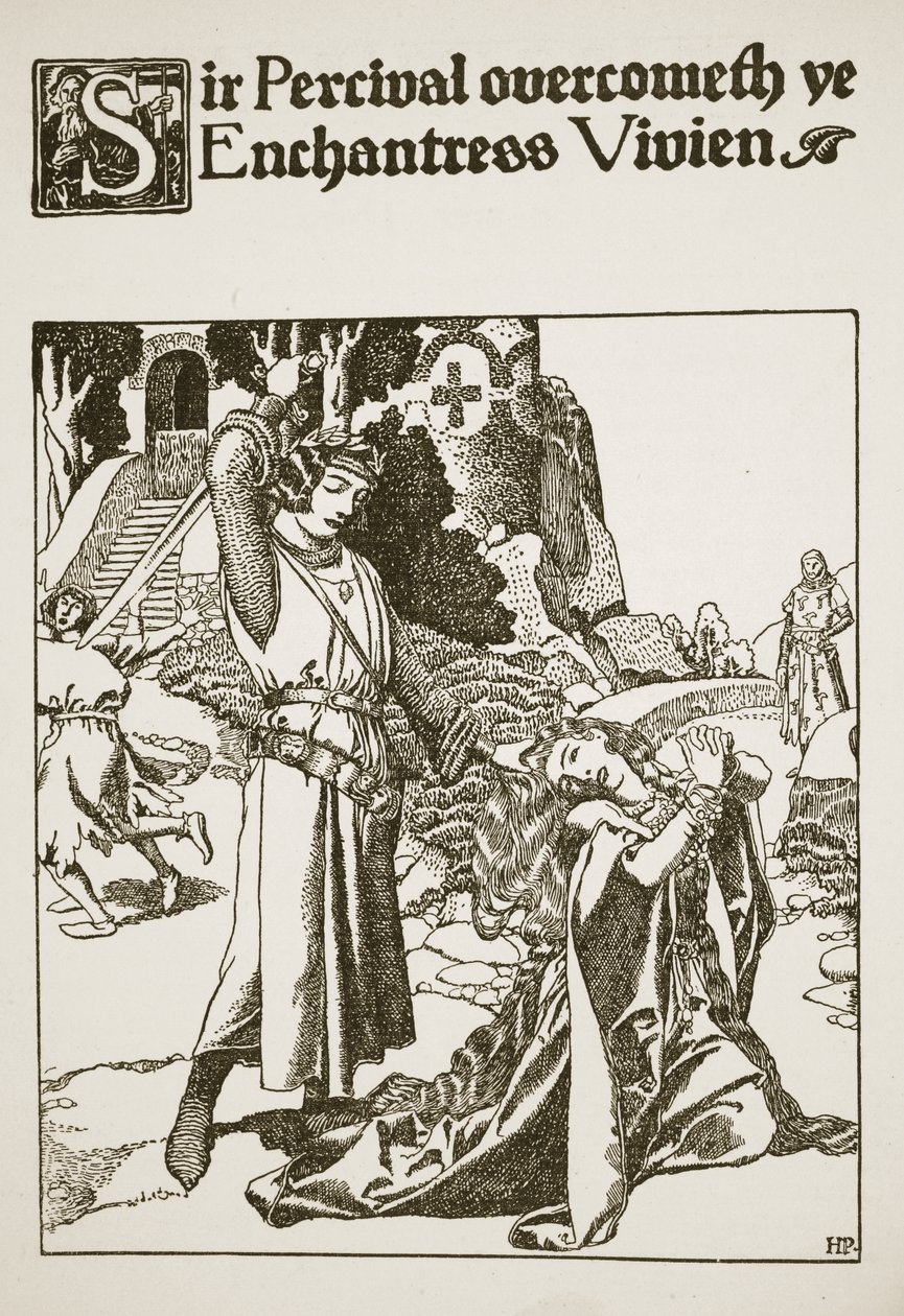 Sir Percival vence a encantadora Vivien, ilustração de "A História dos Campeões da Mesa Redonda" de Howard Pyle
