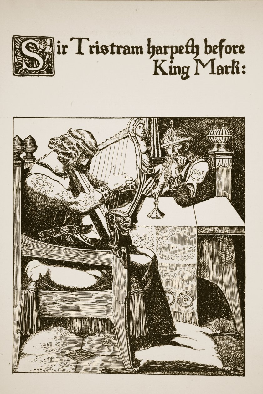 Sir Tristram harpeth diante do rei Mark, ilustração de "A História dos Campeões da Mesa Redonda" de Howard Pyle