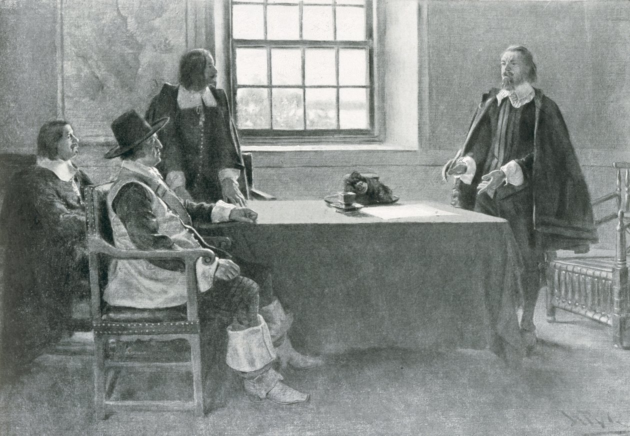 Sir William Berkeley Rendendo-se aos comissários da Commonwealth, ilustração de "In Washington&39;s Day", de Woodrow Wilson, pub. em Harper&39;s Magazine, 1896 (lito) de Howard Pyle