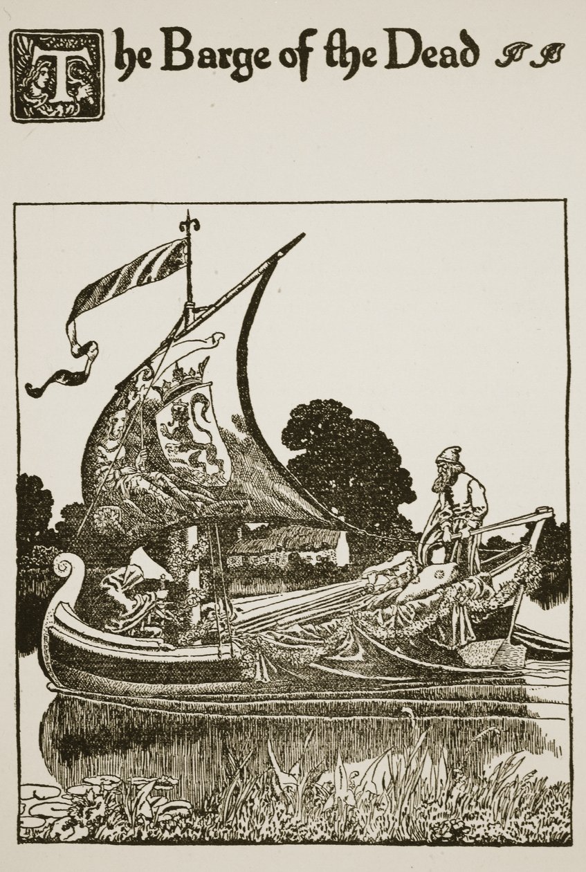 The Barge of the Dead, ilustração de "A história de Sir Lancelotte e seus companheiros", 1907 de Howard Pyle