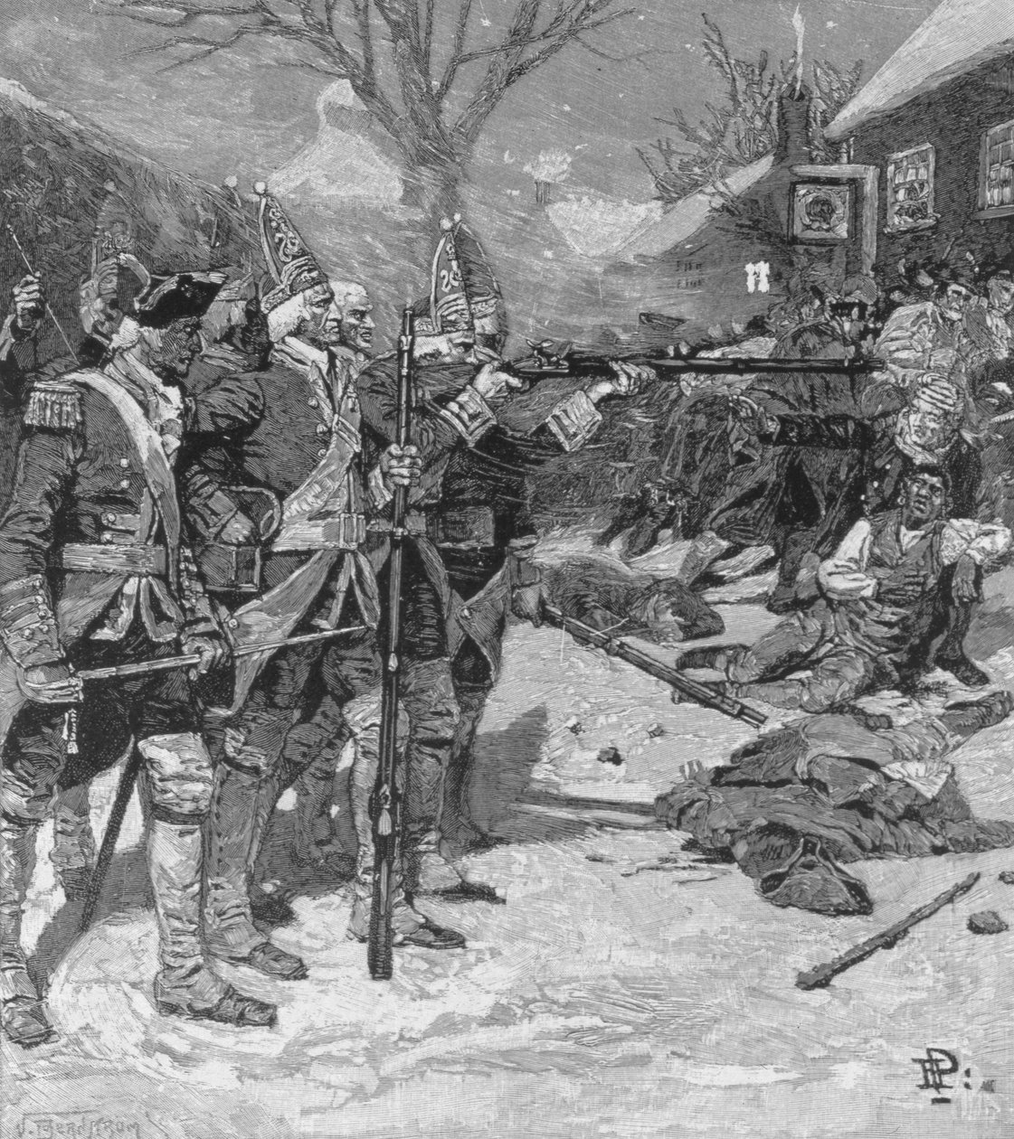 O "Massacre de Boston", gravado por J. Bernstrom, da Harper&39;s Magazine, 1883 de Howard Pyle