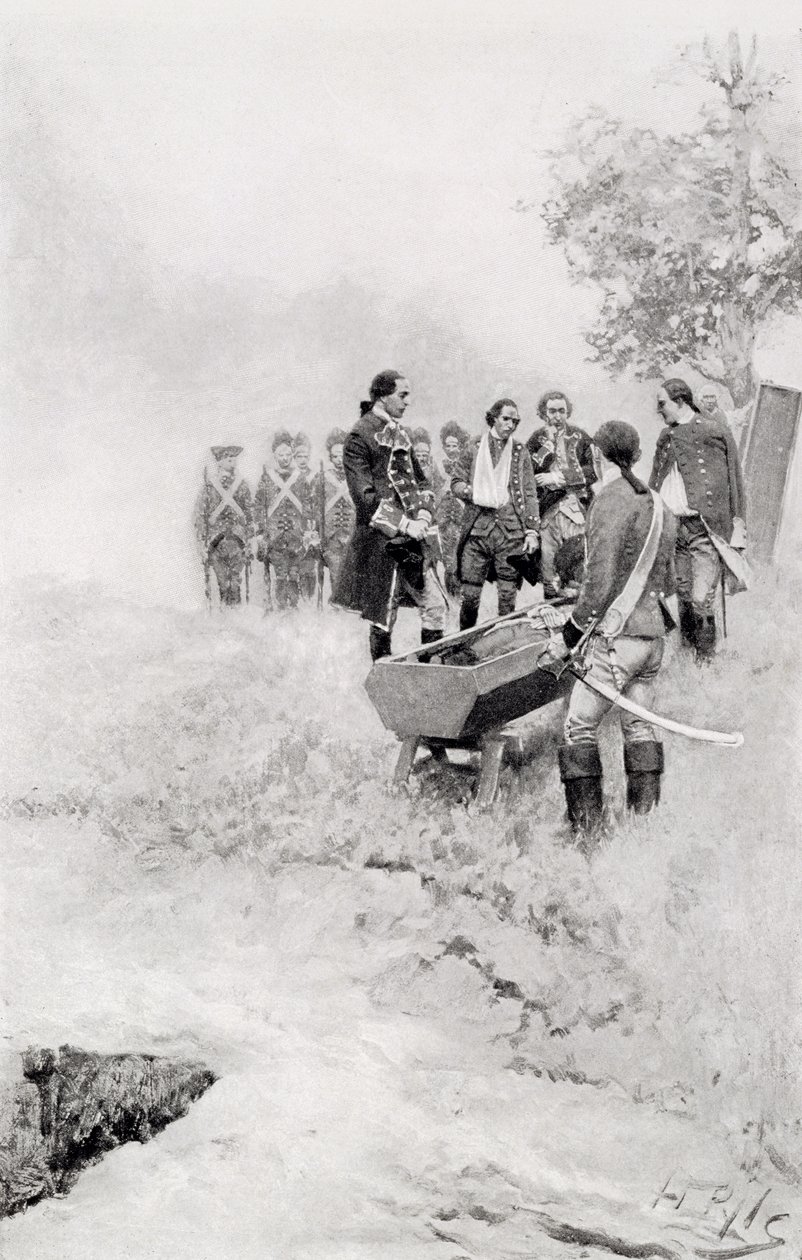 O enterro de Braddock, ilustração do "coronel Washington" por Woodrow Wilson, bar. na revista Harper, 1896 de Howard Pyle
