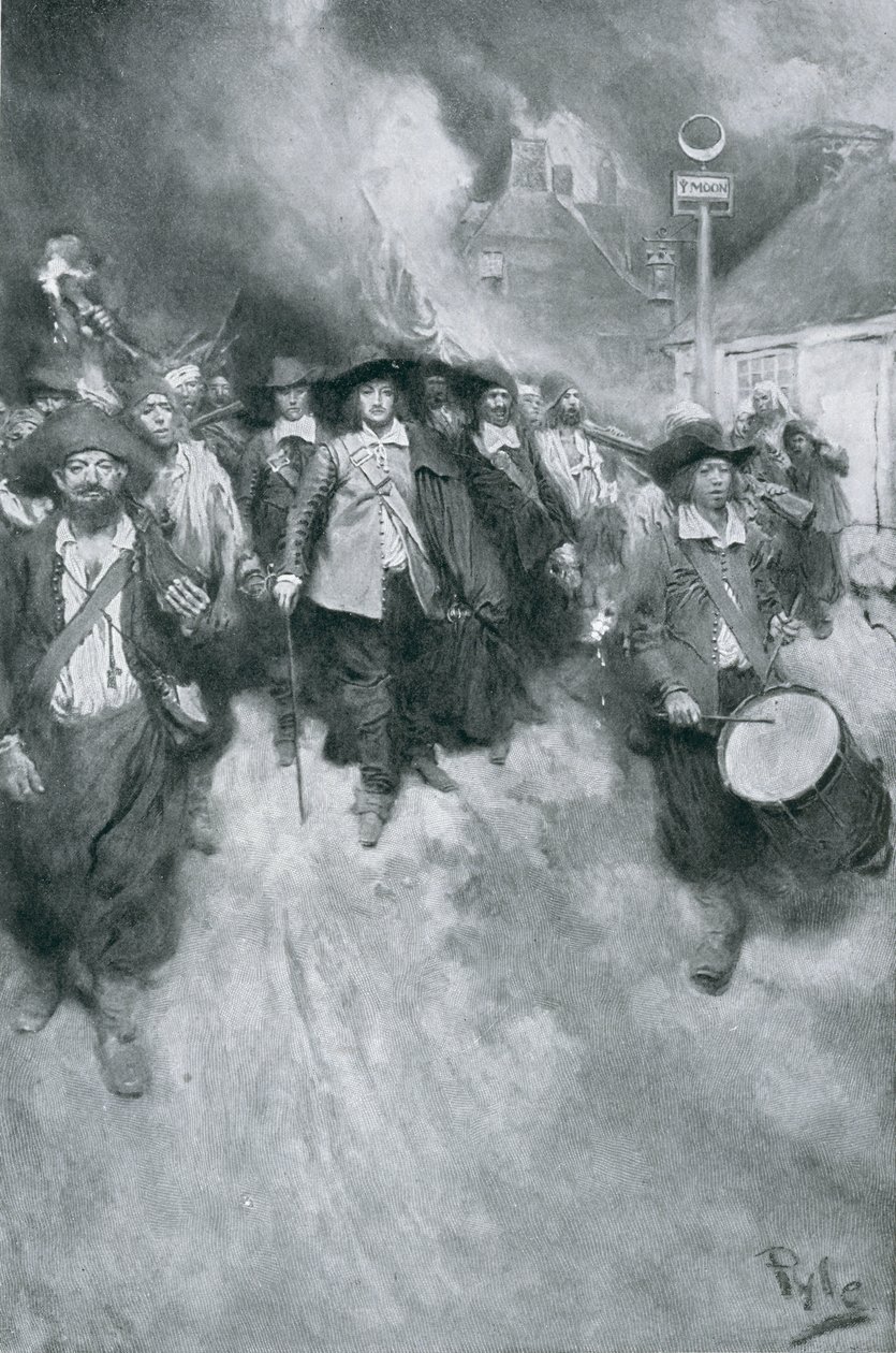 A queimadura de Jamestown, 1676, ilustração das "colônias e nação" por Woodrow Wilson, bar. em Harper&39;s Magazine, 1901 (lito) de Howard Pyle