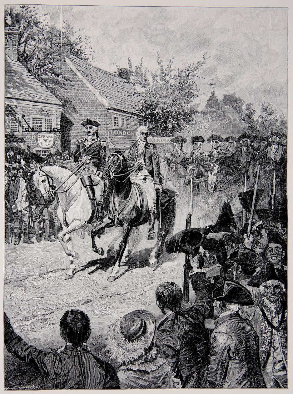 A procissão civil liderada pelo general Washington e pelo governador Clinton de Howard Pyle
