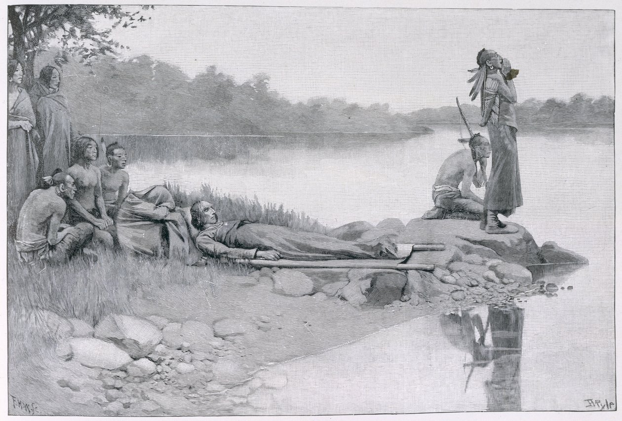 A morte do chefe indiano Alexander, irmão do rei Philip, ilustração de "uma viagem indiana" por Lucy C. Lillie, bar. na revista Harper, 1885 de Howard Pyle