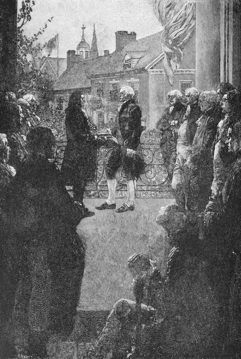 A inauguração, gravada por Francis Scott King, ilustração de "Washington&39;s Inauguration" por John Bach McMaster, pub. em Harper&39;s Magazine, 1889 (lito) de Howard Pyle