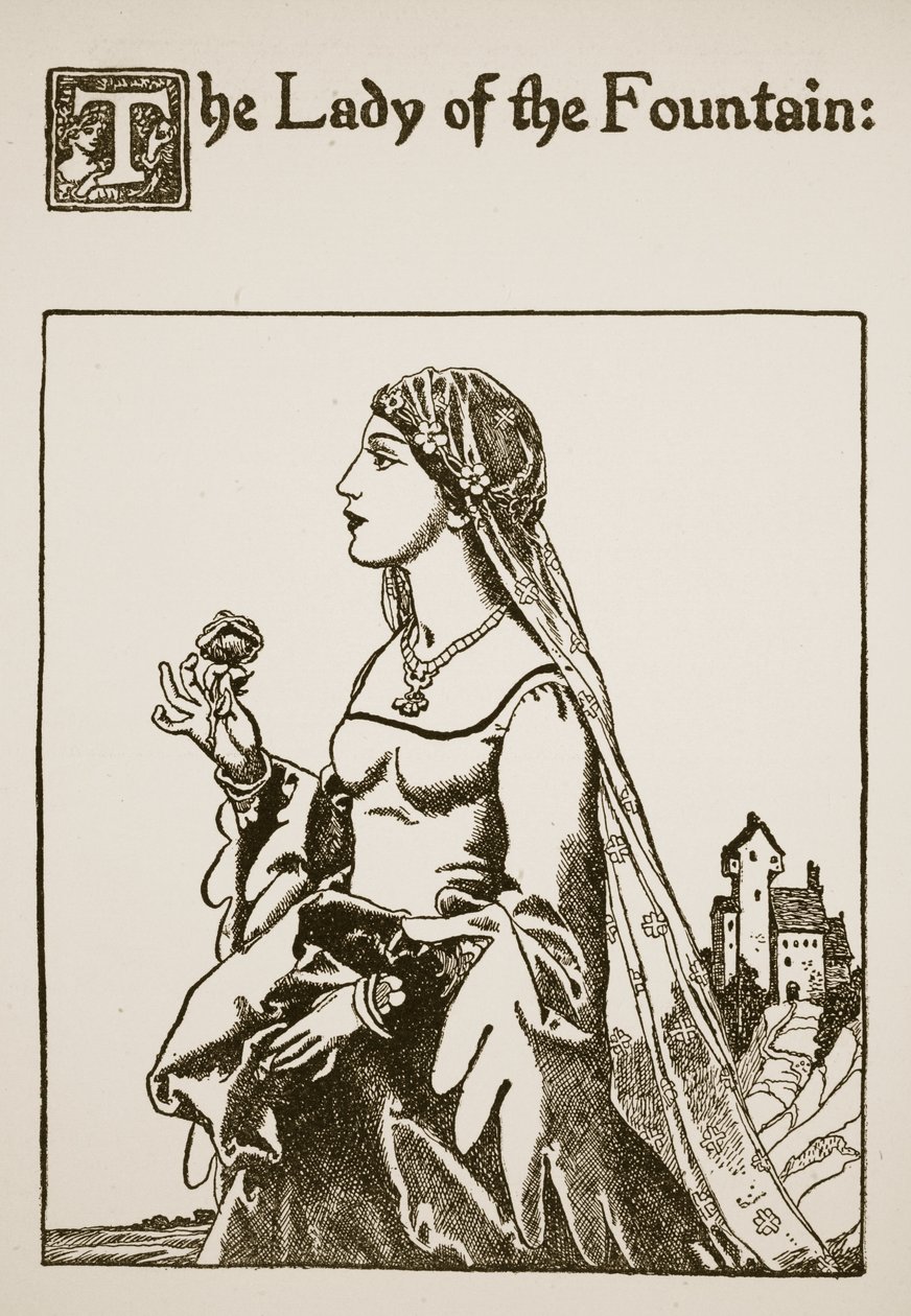 A dama da fonte, ilustração da história de Sir Lancelote e seus companheiros, 1907 de Howard Pyle