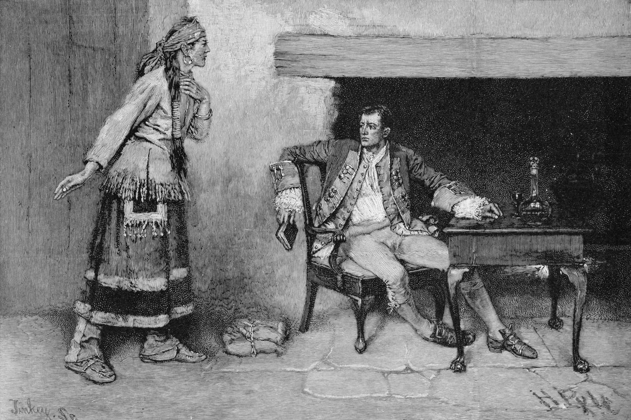 A donzela de Ojibway que revela o lote de Pontiac, gravado pela ilustração de John Tinkey (fl.1871-1901) "da cidade do passo" por Edmund Kirke, bar. em Harper&39;s Magazine, 1886 de Howard Pyle