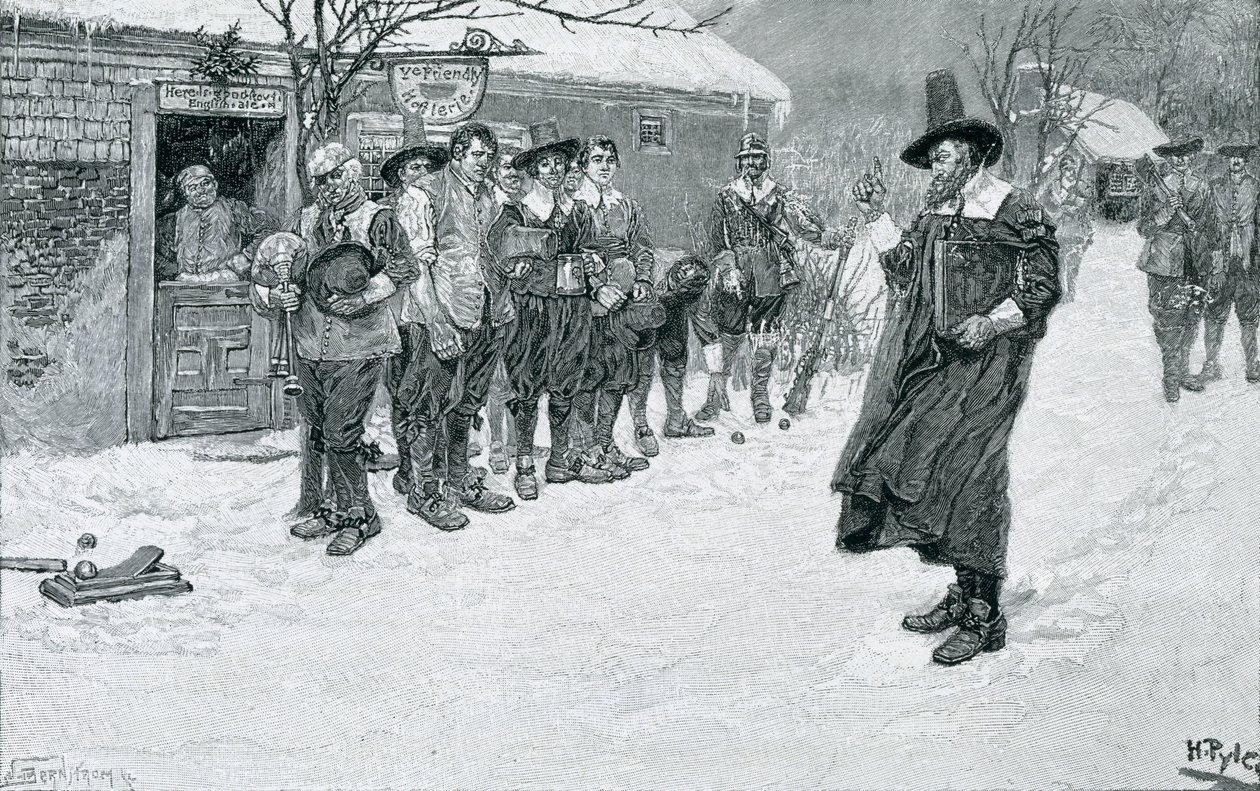 O regulador puritano que interrompe os esportes do Natal, gravado por J. Bernstrom, ilustração de "Natal" por George William Curtis, bar. na revista Harper&39;s, 1883 de Howard Pyle
