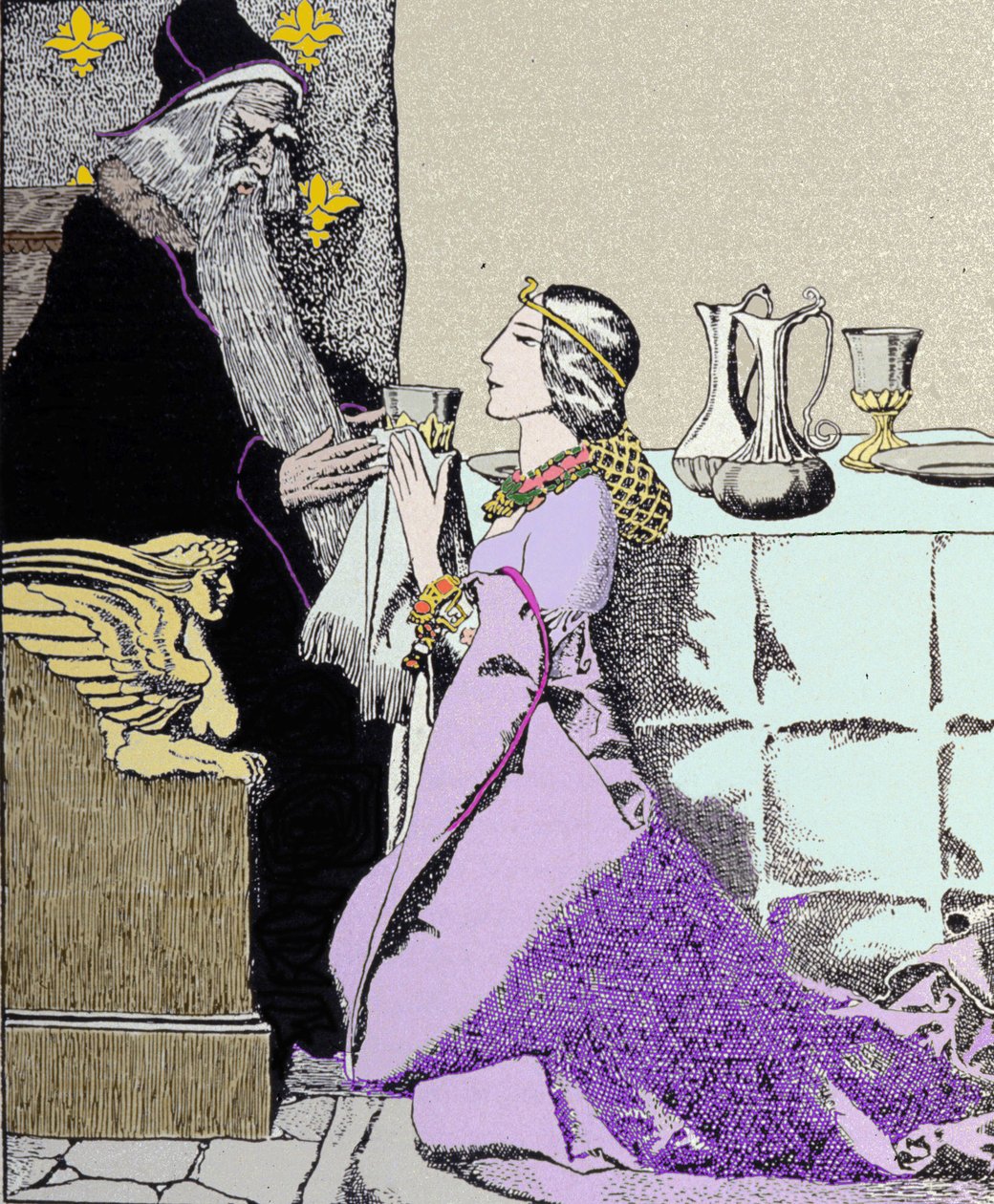 A taxa Viviane cativa Merlin, o Encantador. Ilustração de Howard Pyle (1853 - 1911), ilustrador americano de Howard Pyle