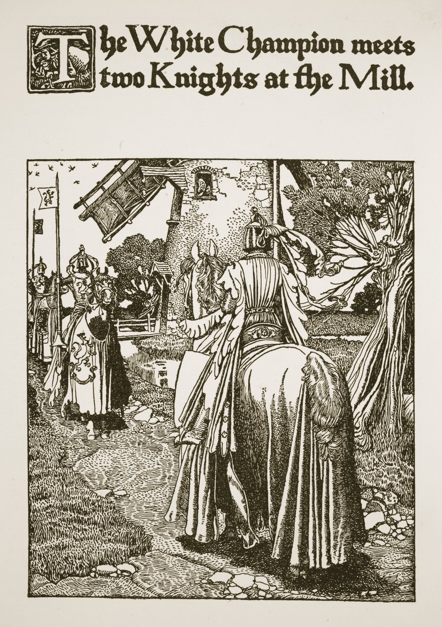 O Campeão Branco encontra dois Cavaleiros no Moinho, ilustração de "A História do Rei Arthur e seus Cavaleiros", 1903 de Howard Pyle