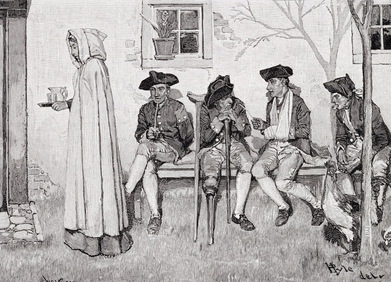 &39;Os soldados feridos sentados ao longo do muro&39;, ilustração da Harper&39;s Magazine, outubro de 1889 de Howard Pyle