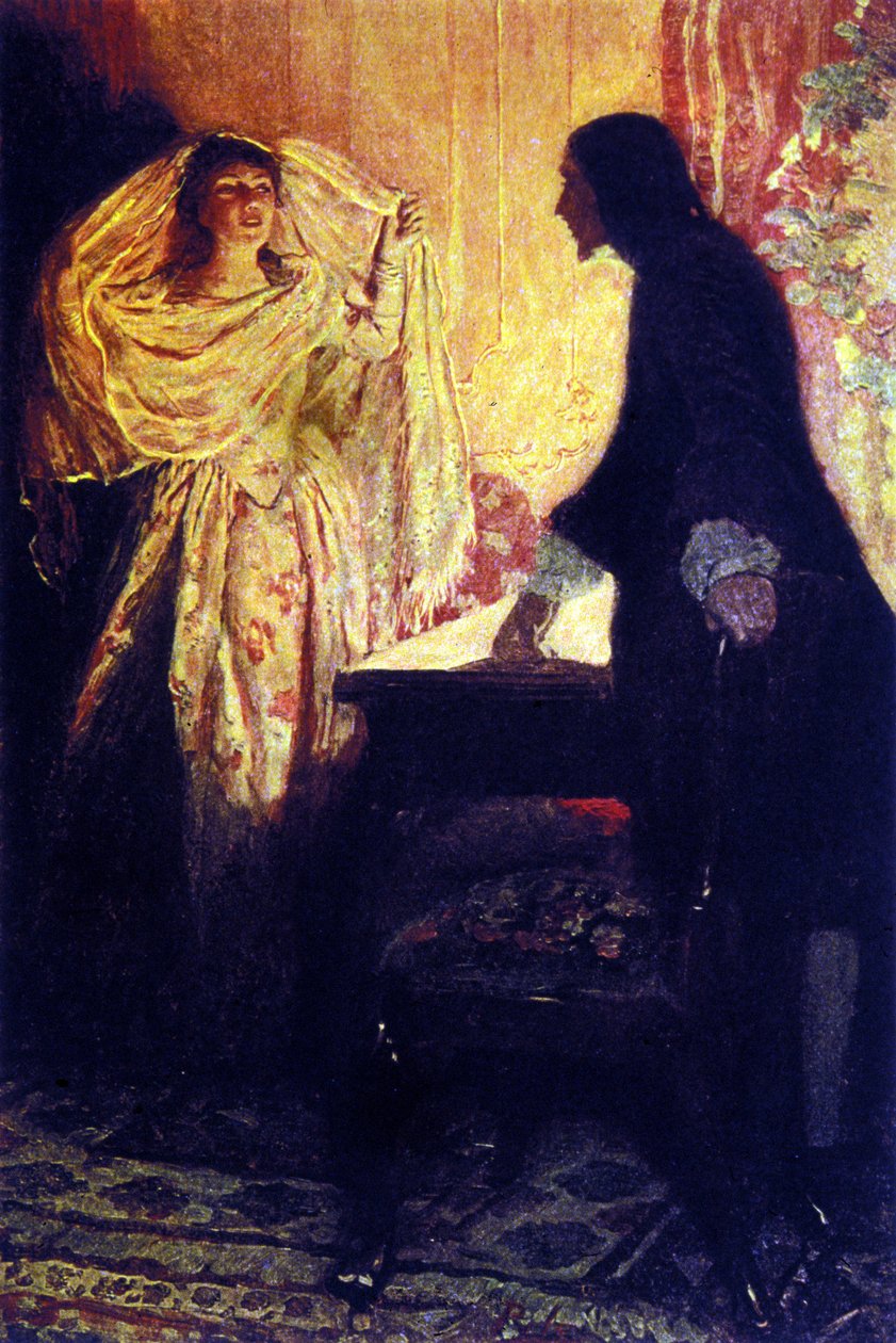 A reunião com a filha do Capitão Keith. Ilustração do "Livro dos Piratas Bucaneiros e Maroonheiros do Principal Espanhol" de Howard Pyle (1853-1911), ilustrador americano de Howard Pyle