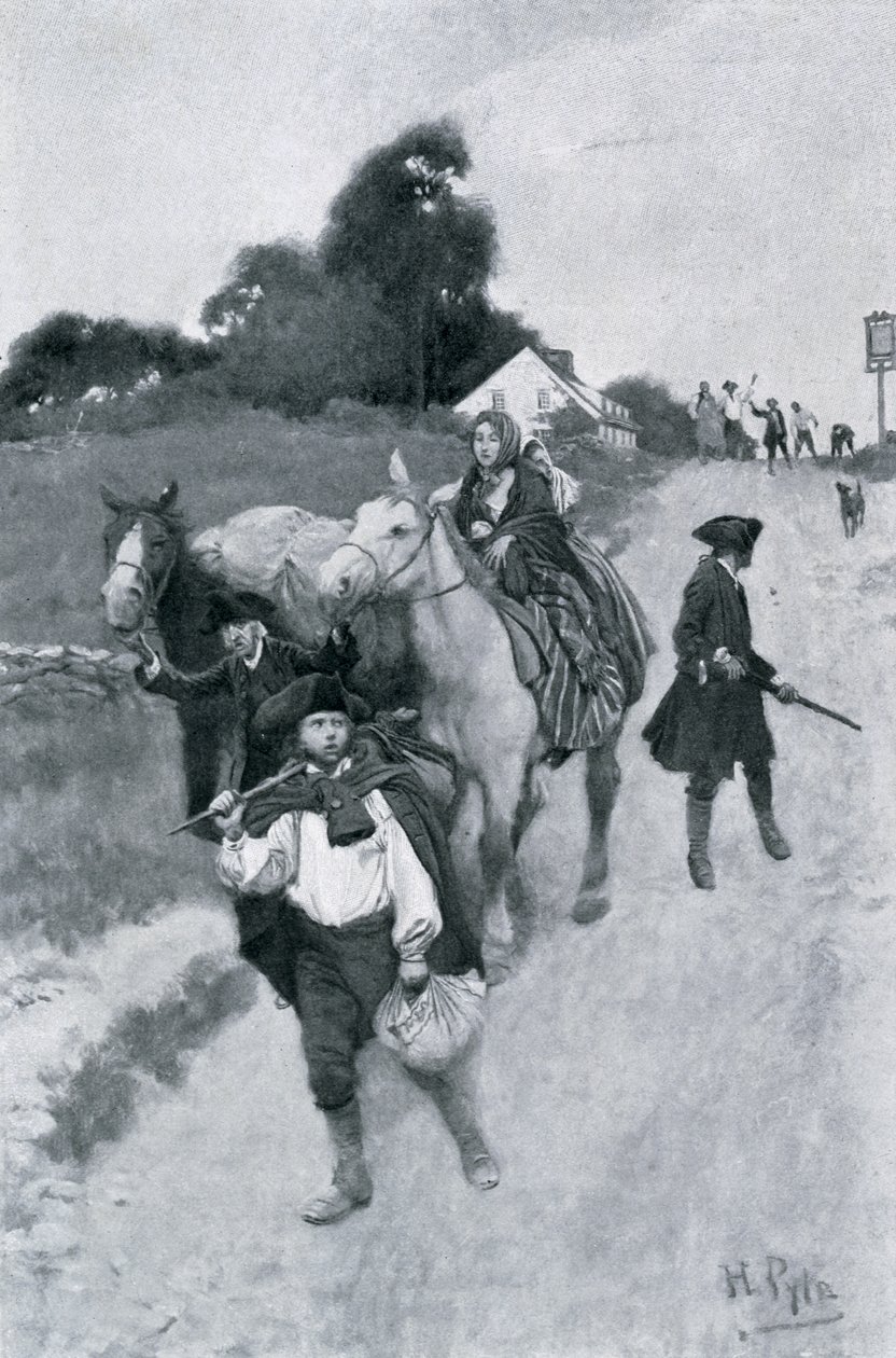 Refugiados do Tory em sua maneira a Canadá, ilustração das "colônias e nação" por Woodrow Wilson, bar. Revista de Harper, 1901 de Howard Pyle