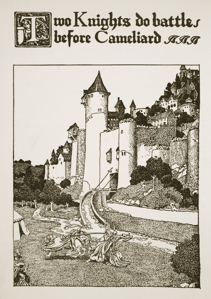 Dois Cavaleiros batalham antes de Cameliard, ilustração de "A História do Rei Arthur e seus Cavaleiros", 1903 de Howard Pyle