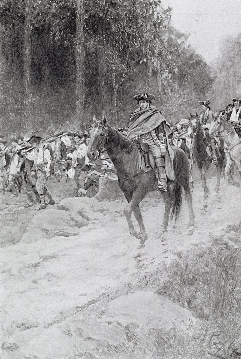 A retirada de Washington dos grandes prados, ilustração do "coronel Washington" por Woodrow Wilson, bar. na revista Harper, 1896 de Howard Pyle