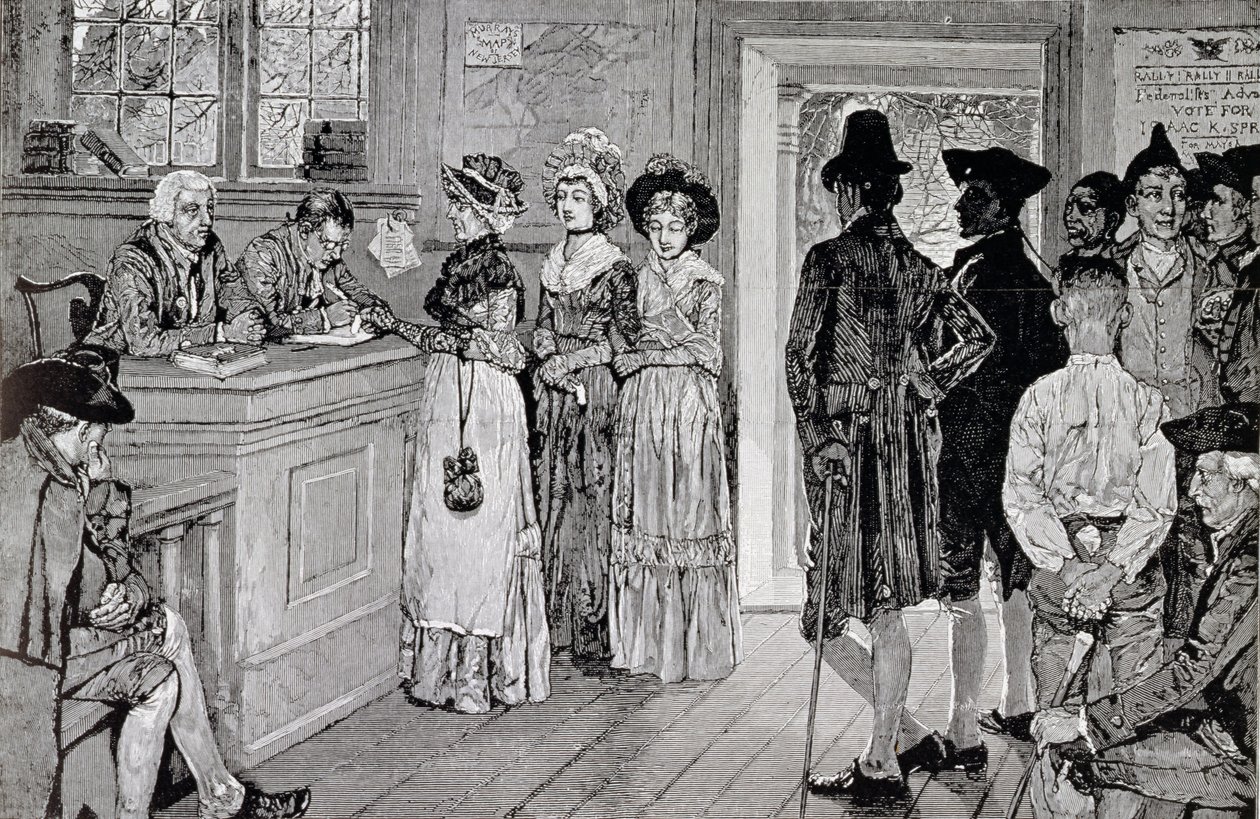 Mulheres nas votações em New-jersey, ilustração "das mulheres nas votações em New-jersey nos bons tempos velhos", bar. em &39;Harper&39;s Weekly&39;, 1880 de Howard Pyle