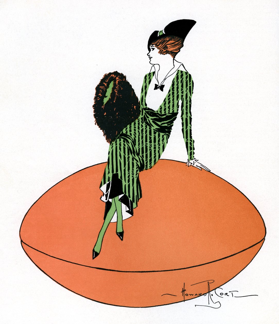 Ilustração vintage de Flapper sentado na bola de futebol gigante de Howard R. Cort