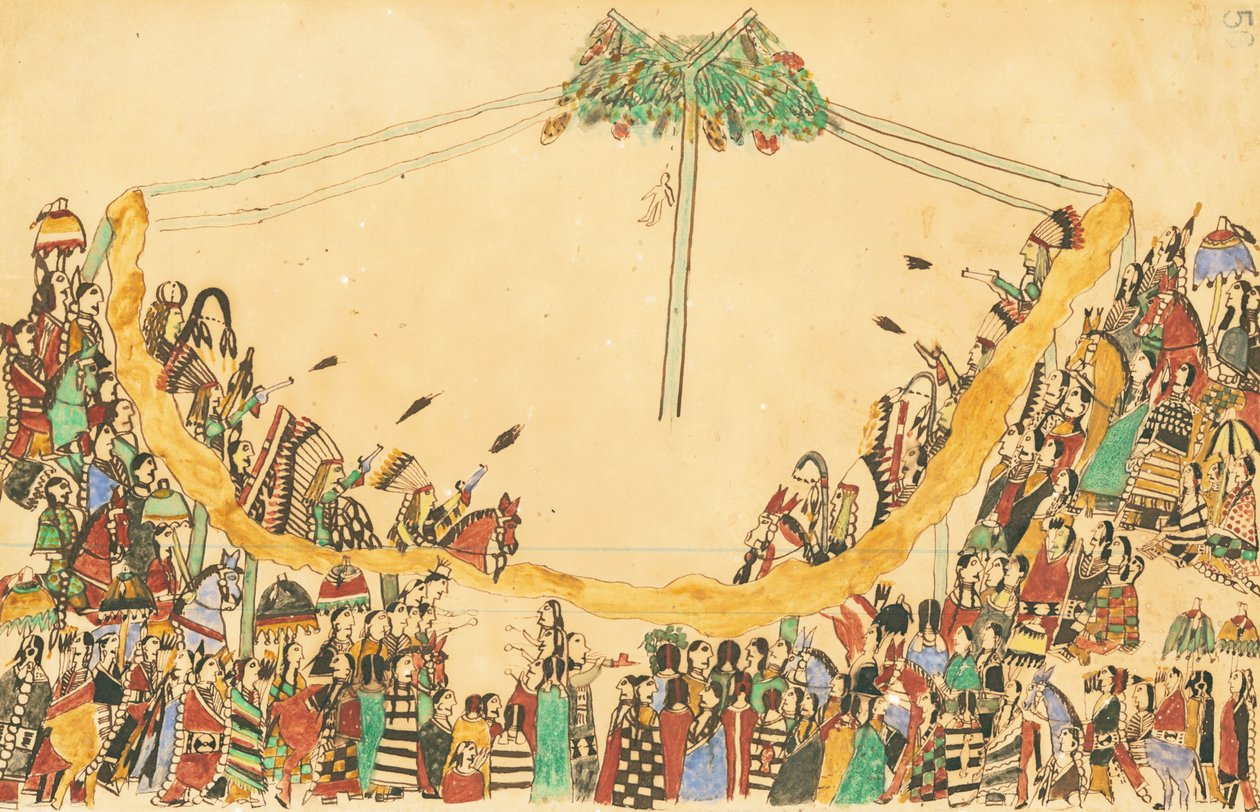 Os guerreiros fazendo sua grande entrada na Loja de Medicina antes de começar a dança, 1874-75 (caneta, tinta e papel de contabilidade) de Howling Wolf
