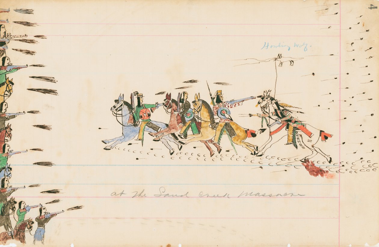 No Massacre de Sand Creek, 1874-75 (caneta, tinta e wc no papel de livro) de Howling Wolf