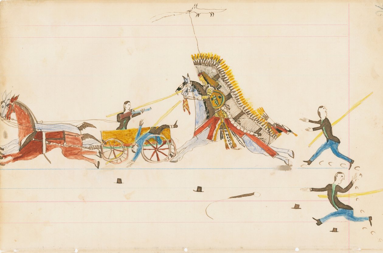 Lutando Lobo Uivando Soldados, 1874-75 (caneta, tinta e wc em papel de livro) de Howling Wolf