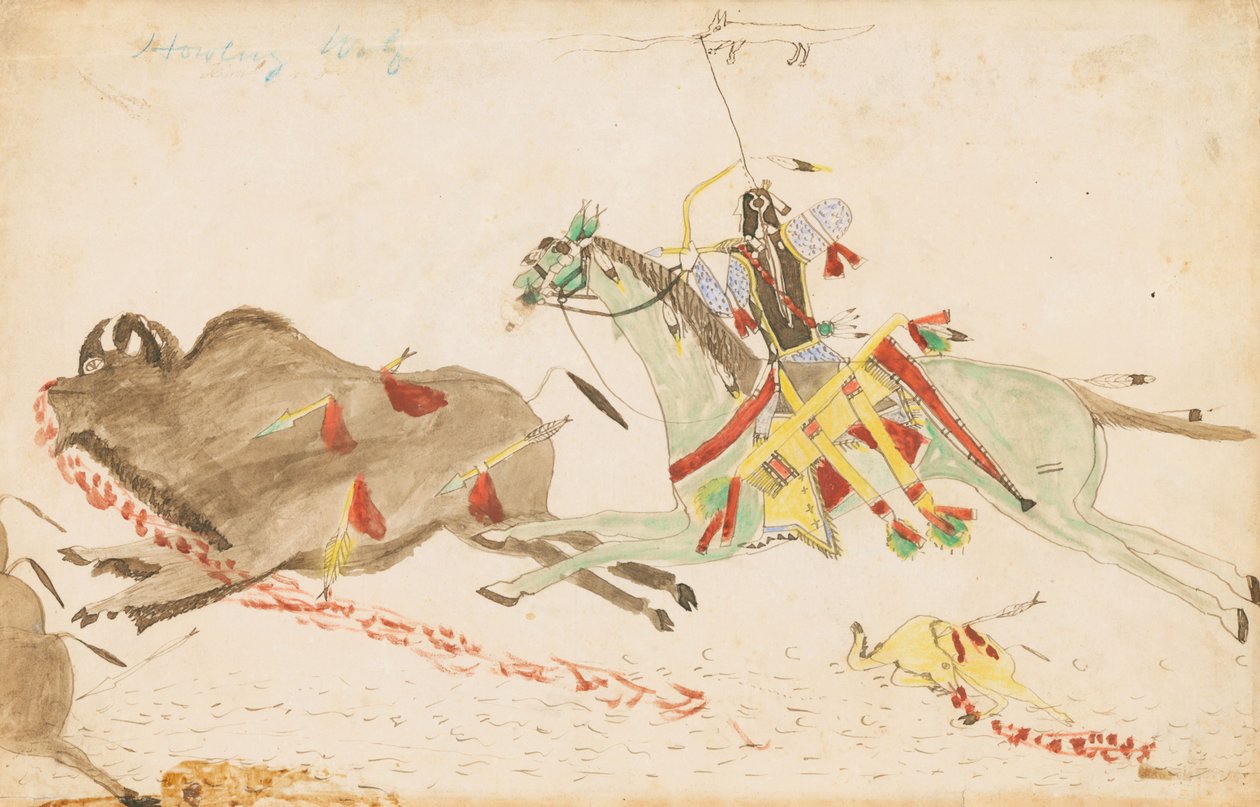 Lobo Uivante Caça Búfalo, 1874-75 (caneta, tinta e wc em papel de livro) de Howling Wolf