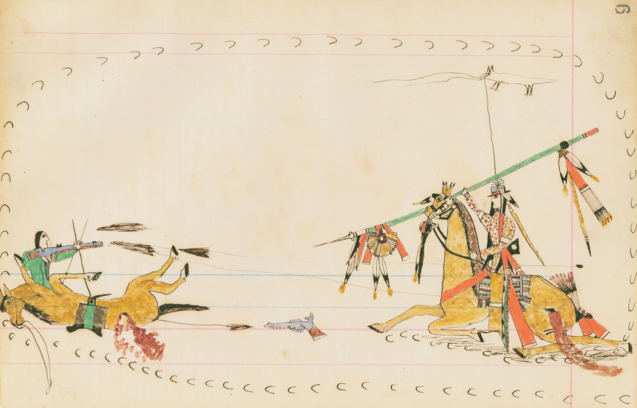 Lobo Uivante e Outro Guerreiro, 1874-75 (caneta, tinta e wc em papel de livro) de Howling Wolf