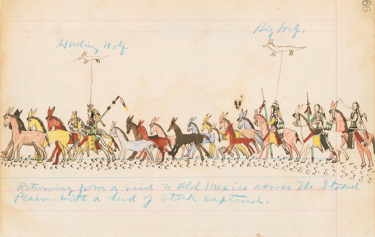 Retornando de uma incursão para o velho México através das planícies Staked com um rebanho de estoque capturado, 1874-75 (caneta, tinta e wc no papel de contabilidade) de Howling Wolf