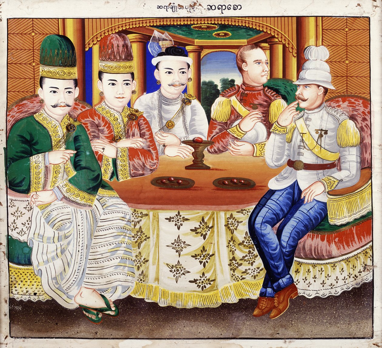 King Thibaw com dignitários e um oficial britânico (wc on textile) de Hsaya Chone and Hsaya Saw