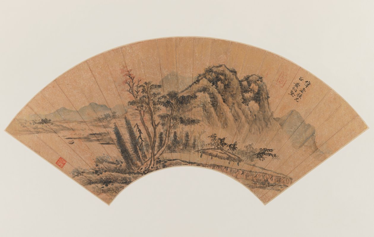 Paisagem pintada num ventilador (tinta e cor sobre papel com manchas douradas) de Hsiang Chien Huang