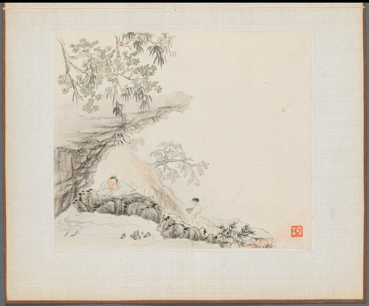 Álbum de Pinturas de Paisagem Ilustrando Poemas Antigos: Um Homem Encontra-se sob uma Saliência Rochosa; um menino está à sua direita de Hua Yan